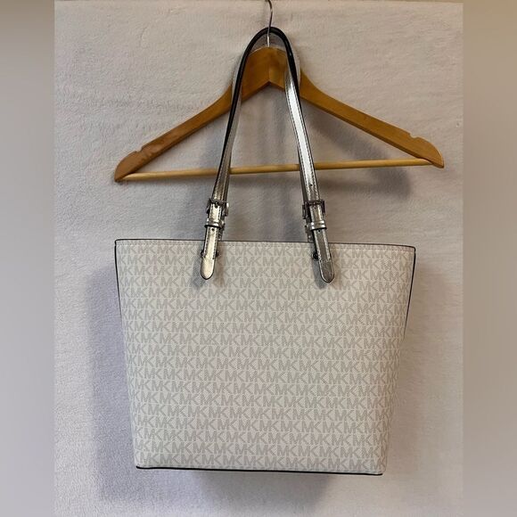 MK Jet Set Tote Bag Canvas Signature Logo All Over Print Front Pockets - Picture 2 of 5